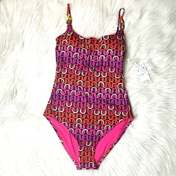 Trina Turk One Piece Swimsuit 8 Echo Chain Scoop Neck Pink Resortwear - Picture 4 of 11